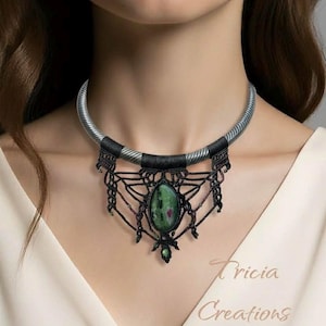 "Zélir" Necklace - Black Micro Macrame - Zoisite - Rigid Torque - Handmade Jewelry - Natural Stone Necklace - Boho Chic Style