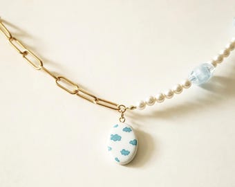 Collier Worry Stone Médaillon Argile Sculpté Peint Main, Perles Coquillage, Bijou Sensoriel Anti-Stress Fait Main