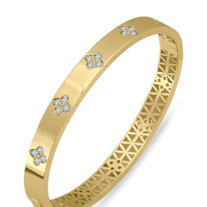 14K Real Solid Gold Bracelet / 14K Four Leaf Bracelet / 14K Wide Bangle Bracelet / 14K Bold Bracelet / Gift for Her / Wedding Gifts
