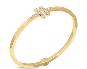 14K Real Gold Hinged Bracelet / 14K Gold Hinged T-Bar Bracelet / T Clamp / Real Gold Bangle / T Gold Bracelet / Gift for Her