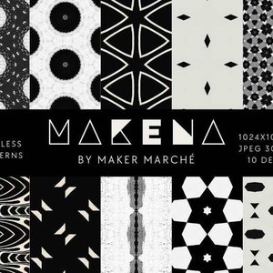 Makena - Nahtlose digitale Mustersammlung, Schwarz-Weiß-Digitalpapier, nahtlose Muster zum Ausdrucken, sofortiger Download