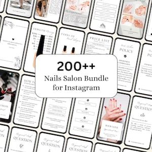 May include: A collection of smartphone mockups with various nail salon-related content. The central image displays "200++ Nails Salon Bundle for Instagram." The surrounding screens showcase information on services, pricing, policies, and booking procedures, all in a clean, minimalist design.