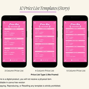 Puede incluir: Tres plantillas de listas de precios diferentes para extensiones de pesta&ntilde;as. Cada plantilla tiene un fondo rosa con texto blanco y se muestra en la pantalla de un tel&eacute;fono inteligente. Las plantillas tienen 3, 4 y 5 columnas, respectivamente. El texto en las plantillas dice "Price List" e incluye los servicios ofrecidos, como "Full Set", "Refill" y "Volume Lashes", junto con sus precios correspondientes.