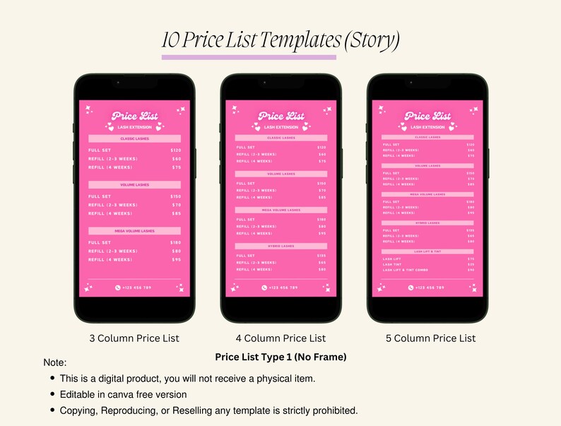 Puede incluir: Tres plantillas de listas de precios diferentes para extensiones de pesta&ntilde;as. Cada plantilla tiene un fondo rosa con texto blanco y se muestra en la pantalla de un tel&eacute;fono inteligente. Las plantillas tienen 3, 4 y 5 columnas, respectivamente. El texto en las plantillas dice "Price List" e incluye los servicios ofrecidos, como "Full Set", "Refill" y "Volume Lashes", junto con sus precios correspondientes.