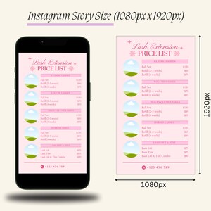 May include: A pink and white price list for lash extensions. The list includes prices for classic, volume, mega volume, hybrid lashes, lash lift and tint, and lash tint and tweeze combo. The phone number +123 456 789 is listed at the bottom.