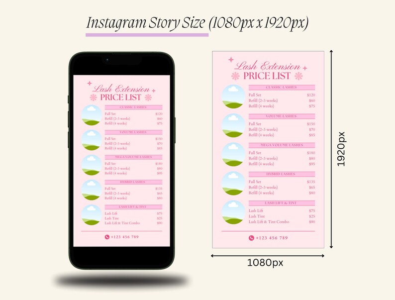 May include: A pink and white price list for lash extensions. The list includes prices for classic, volume, mega volume, hybrid lashes, lash lift and tint, and lash tint and tweeze combo. The phone number +123 456 789 is listed at the bottom.