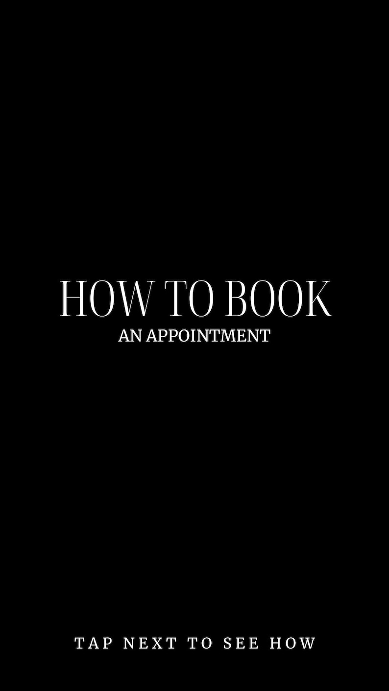 K&ouml;nnte beinhalten: Schwarzwei&szlig;er Text auf schwarzem Hintergrund mit der Aufschrift "HOW TO BOOK AN APPOINTMENT" und "TAP NEXT TO SEE HOW".