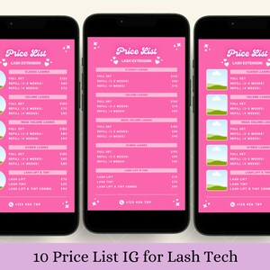 Puede incluir: Tres pantallas de tel&eacute;fono m&oacute;vil rosa y blanco con una lista de precios para extensiones de pesta&ntilde;as. La lista de precios incluye precios para juegos completos, rellenos y levantamientos de pesta&ntilde;as. Las pantallas de los tel&eacute;fonos tienen un fondo rosa con estrellas y corazones blancos. El texto en las pantallas es negro. El n&uacute;mero de tel&eacute;fono +123 456-789 est&aacute; en la parte inferior de cada pantalla.