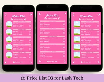 Lash Price List Template Pink for Lash Technician Post on Social Media IG Instagram Story and Post Flyer Template List of Services Pricelist