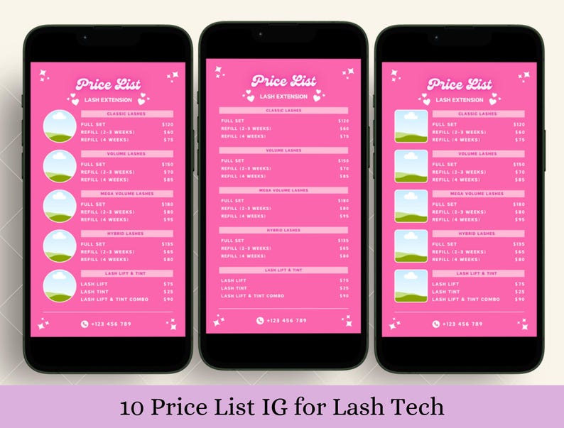 Puede incluir: Tres pantallas de tel&eacute;fono m&oacute;vil rosa y blanco con una lista de precios para extensiones de pesta&ntilde;as. La lista de precios incluye precios para juegos completos, rellenos y levantamientos de pesta&ntilde;as. Las pantallas de los tel&eacute;fonos tienen un fondo rosa con estrellas y corazones blancos. El texto en las pantallas es negro. El n&uacute;mero de tel&eacute;fono +123 456-789 est&aacute; en la parte inferior de cada pantalla.
