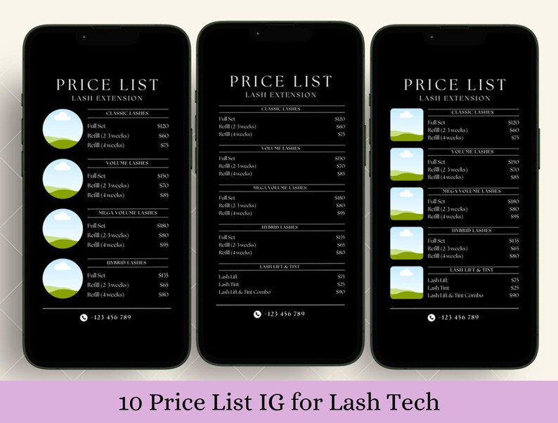 Puede incluir: Tres pantallas de tel&eacute;fono m&oacute;vil en blanco y negro con una lista de precios para extensiones de pesta&ntilde;as. La lista de precios incluye servicios como pesta&ntilde;as cl&aacute;sicas, pesta&ntilde;as de volumen, pesta&ntilde;as de mega volumen, pesta&ntilde;as h&iacute;bridas, lifting de pesta&ntilde;as y tinte, y lifting de pesta&ntilde;as y tinte combinado. Las pantallas de los tel&eacute;fonos tienen un dise&ntilde;o gr&aacute;fico verde y blanco con un n&uacute;mero de tel&eacute;fono en la parte inferior.