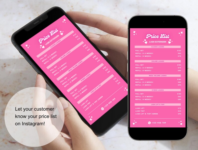 Puede incluir: Una pantalla de tel&eacute;fono m&oacute;vil rosa y blanca que muestra una lista de precios para extensiones de pesta&ntilde;as. La lista de precios incluye precios para juegos completos, rellenos y levantamientos de pesta&ntilde;as. El tel&eacute;fono est&aacute; siendo sostenido por una mano.