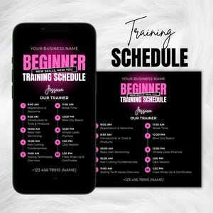 May include: A black smartphone displays a pink and black beginner training schedule. The schedule includes topics like hair cutting fundamentals and styling techniques. The text "Training Schedule" is written in a cursive font.