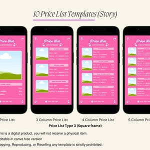 Puede incluir: Diez plantillas de lista de precios personalizables para un negocio, mostradas en la pantalla de un tel&eacute;fono inteligente. Las plantillas son de color rosa con una imagen de paisaje verde y azul en la parte superior. El texto "Price List" est&aacute; en la parte superior de cada plantilla.