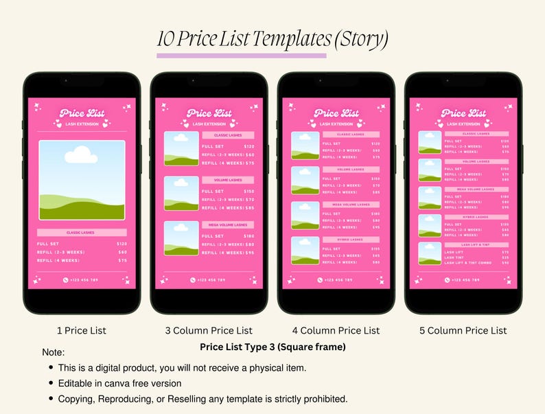 Puede incluir: Diez plantillas de lista de precios personalizables para un negocio, mostradas en la pantalla de un tel&eacute;fono inteligente. Las plantillas son de color rosa con una imagen de paisaje verde y azul en la parte superior. El texto "Price List" est&aacute; en la parte superior de cada plantilla.