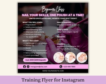 Volantino per corso di formazione sulle unghie, modello Canva per principianti, estetista, tecnico delle unghie, post sui social media, Instagram, IG, corso sulle unghie