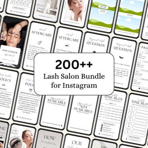 May include: A collection of 200+ Instagram story templates for lash salons. The templates are black and white with a minimalist design and include text such as "How to Book", "Aftercare", "Price List", "Time Slot", and "About Me".