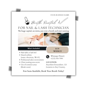 Plantillas de Canva para volantes de alquiler de cabinas de uñas y pestañas / Volante de salón editable para técnicos de uñas, artistas de pestañas y propietarios de estudios / Publicaciones de belleza en Instagram