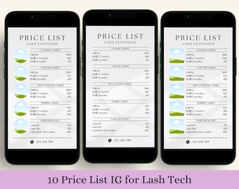 Lash Price List Minimalist Template and Editable Canva Flyer for Lash Technician Service Menu Pricelist, Instagram Post & Story Social Media
