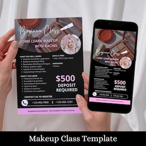 Può includere: Un volantino nero e rosa con il testo "Beginner Class Come Learn Makeup With Rachel". Il volantino include informazioni su un corso di trucco, tra cui data, ora, durata, cosa imparerai, cosa è incluso e informazioni di contatto. Il volantino include anche una foto di una donna truccata.