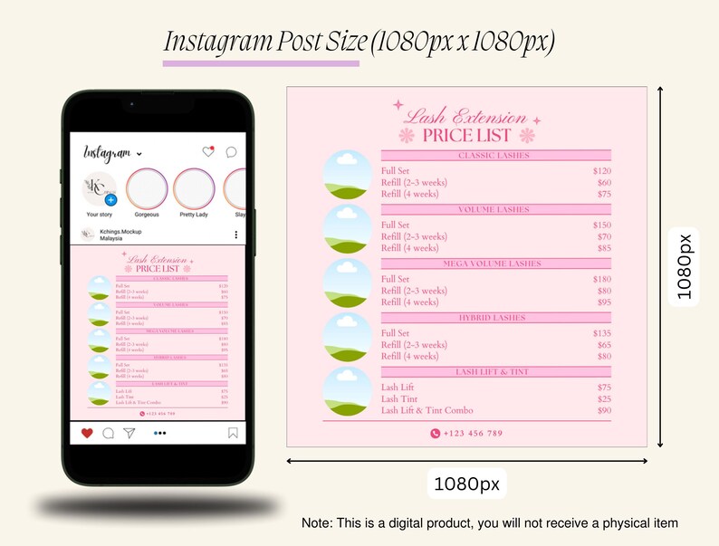 May include: A pink and white graphic with a price list for lash extensions. The graphic includes the prices for full sets and refills of classic, volume, mega volume, and hybrid lashes. It also includes the prices for lash lifts and tints. The graphic is designed for use on social media.