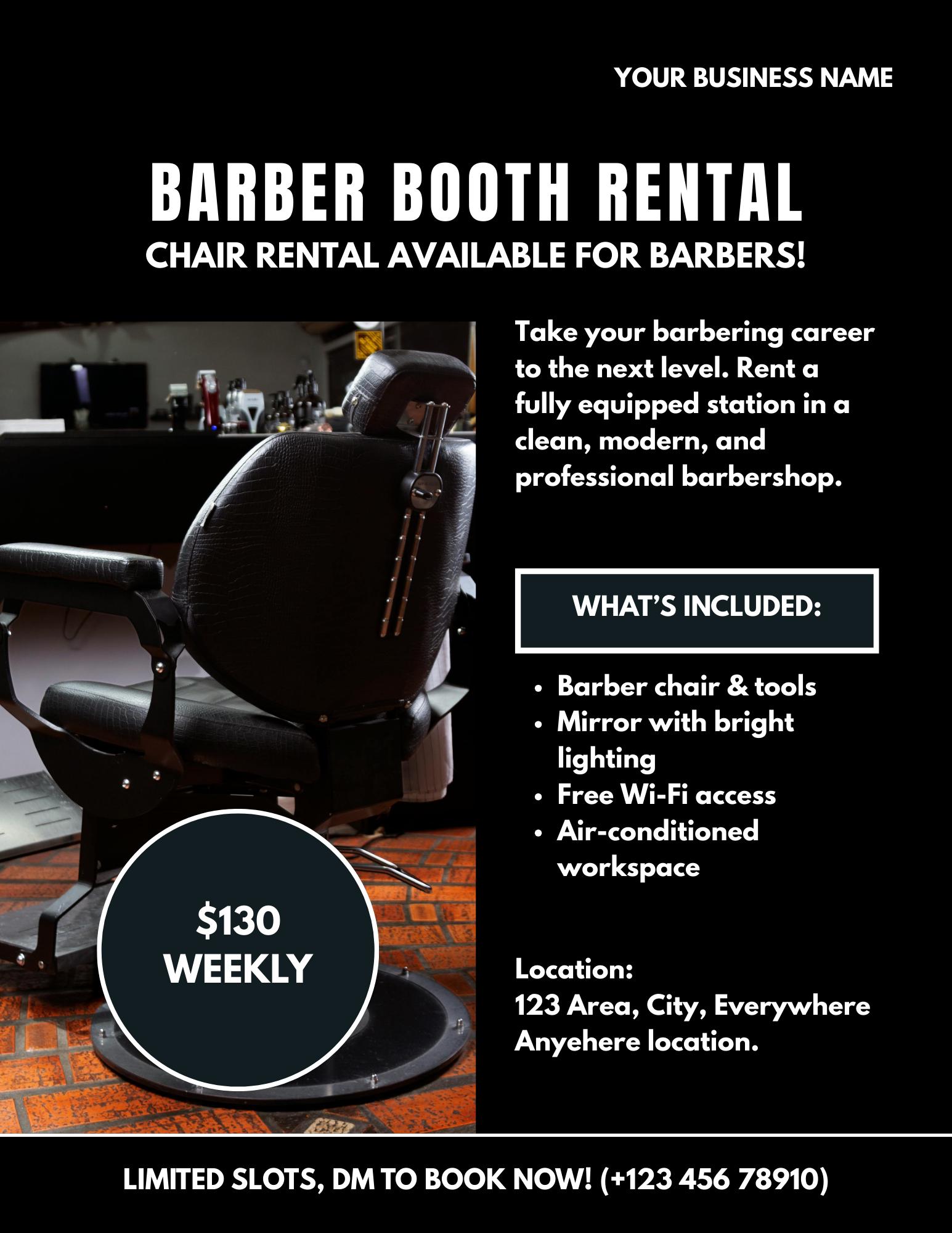 Barber Booth Rental Flyer Template Editable Canva Barber Chair Rental ...