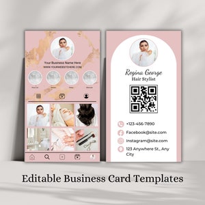 Puede incluir: Plantilla de tarjeta de visita editable con fondo rosa y detalles dorados. La tarjeta presenta una foto de una mujer, el nombre de su negocio, la dirección de su sitio web, su número de teléfono, enlaces de redes sociales y un código QR. El texto "Plantillas de tarjetas de visita editables" está en la parte inferior de la tarjeta.