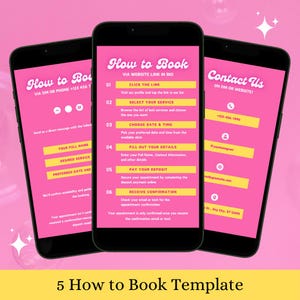 May include: A pink and yellow graphic design template for booking appointments. The template includes instructions for booking via website link, direct message, or phone. It also includes contact information for the business.