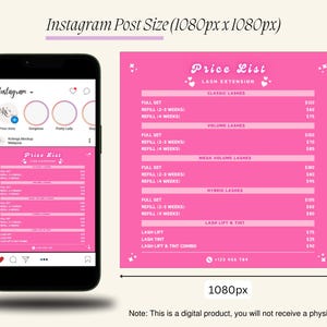 Puede incluir: Un gr&aacute;fico rosa y blanco con una lista de precios para extensiones de pesta&ntilde;as. El gr&aacute;fico incluye precios para juegos completos, rellenos y levantamientos de pesta&ntilde;as. El texto "Price List" est&aacute; en la parte superior del gr&aacute;fico, con el texto "Lash Extension" debajo. El gr&aacute;fico est&aacute; dise&ntilde;ado para su uso en redes sociales.