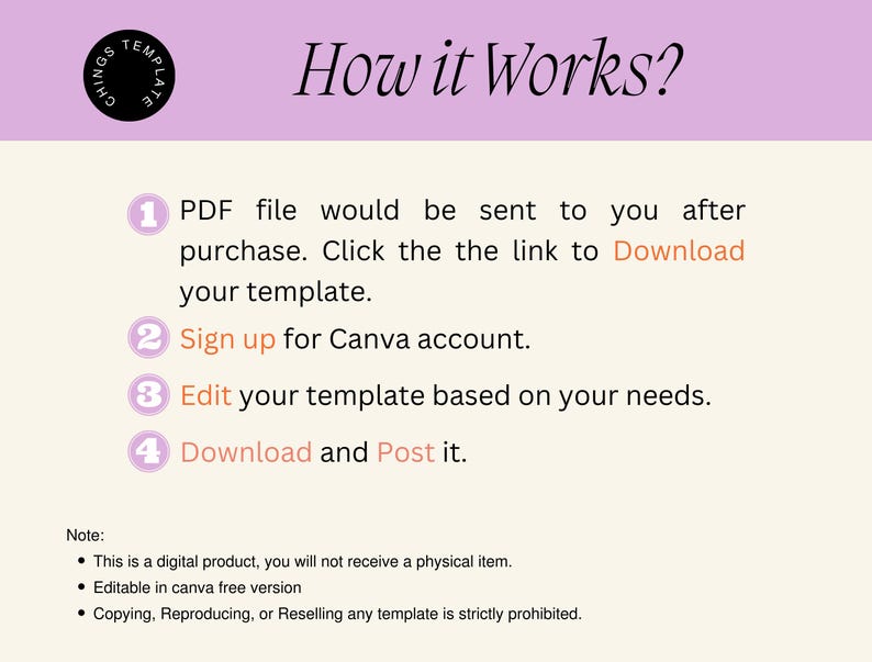 Puede incluir: Un gr&aacute;fico rosa y blanco con el texto "&iquest;C&oacute;mo funciona?" y cuatro pasos numerados para descargar y editar una plantilla. Los pasos incluyen: 1. Descarga un archivo PDF, 2. Reg&iacute;strate en una cuenta de Canva, 3. Edita la plantilla, y 4. Descarga y publ&iacute;cala. El gr&aacute;fico tambi&eacute;n incluye una nota que indica que el producto es un producto digital y que la copia, reproducci&oacute;n o reventa de la plantilla est&aacute; prohibida.