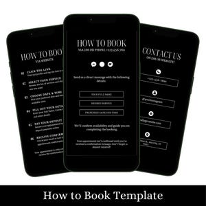 Puede incluir: Maqueta de pantalla de teléfono móvil en blanco y negro con instrucciones sobre cómo reservar una cita. El texto incluye "How to Book", "Click the Link", "Select Your Service", "Choose Date & Time", "Fill Out Your Details", "Pay Your Deposit", "Receive Confirmation", "Your Full Name", "Desired Service", "Preferred Date and Time", "We'll confirm availability and guide you on completing the booking."
