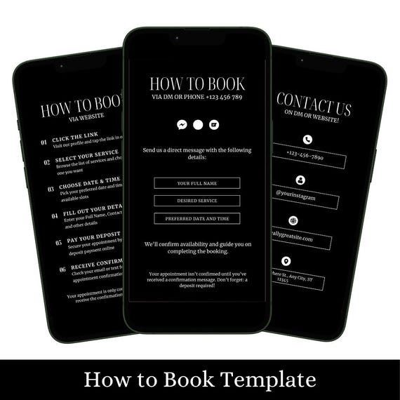 How to Book an Appointment via Website or DM Phone Call, Instagram Story Minimalist Template Canva IG Post Social Media Flyer Customer Guide