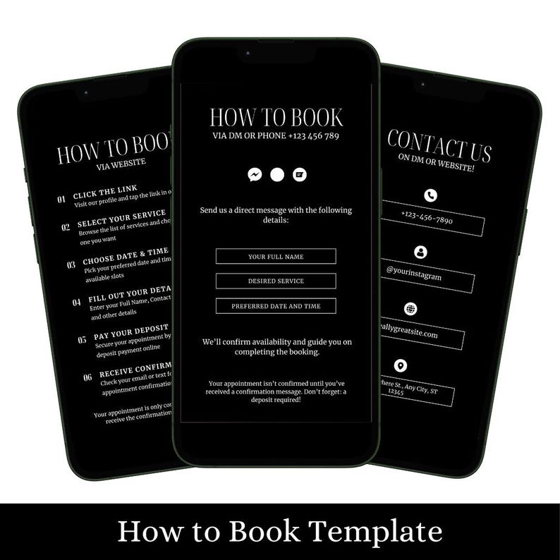 K&ouml;nnte beinhalten: Schwarzwei&szlig;es Handy-Bildschirm-Mockup mit Anweisungen zum Buchen eines Termins. Der Text enth&auml;lt "How to Book", "Click the Link", "Select Your Service", "Choose Date & Time", "Fill Out Your Details", "Pay Your Deposit", "Receive Confirmation", "Your Full Name", "Desired Service", "Preferred Date and Time", "We'll confirm availability and guide you on completing the booking."