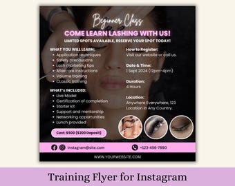 Lash Training Class Flyer Canva Template for Beginner Lash Technician Tech Esthetician Post on Social Media Instagram IG Post Lashes Course