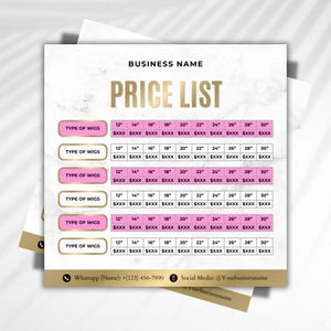 May include: A price list template with a marble background and gold accents. The text "PRICE LIST" is in large gold letters. The list includes wig lengths from 12" to 30" and price placeholders. Contact information is at the bottom.