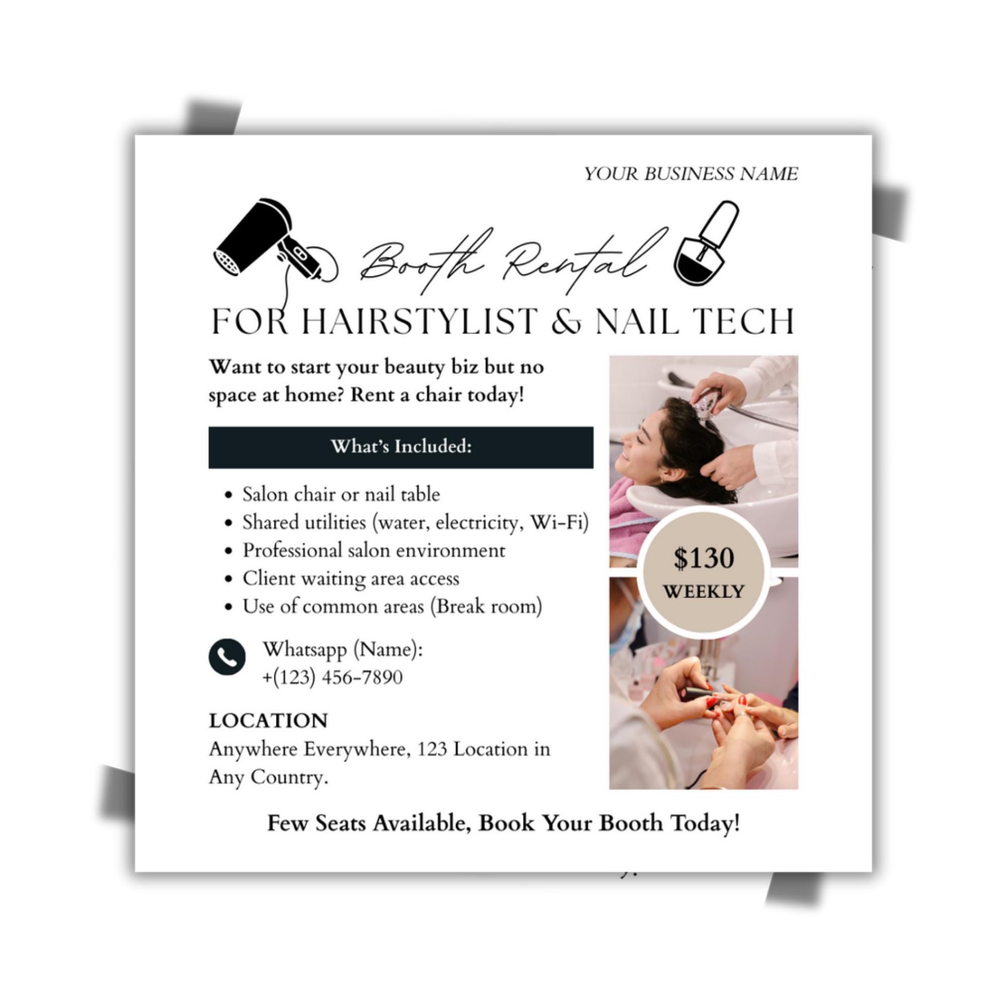 Buy Hair Nail Booth Rental Flyer Canva Template Salon Flyer