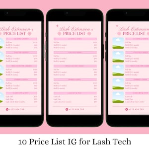 May include: Three pink and white mobile phone screens with a price list for lash extensions. The price list includes services such as full sets, refills, mega volume lashes, hybrid lashes, and lash lift and tint. The phone screens have a pink background with white text and a small green and white illustration of a cloud and grass.