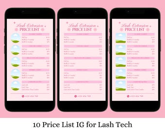 Lash Price List Template Pink | Editable Canva Flyer for Lash Tech Artist | IG Post & Story Lash Services Menu Pricelist for Salon Marketing