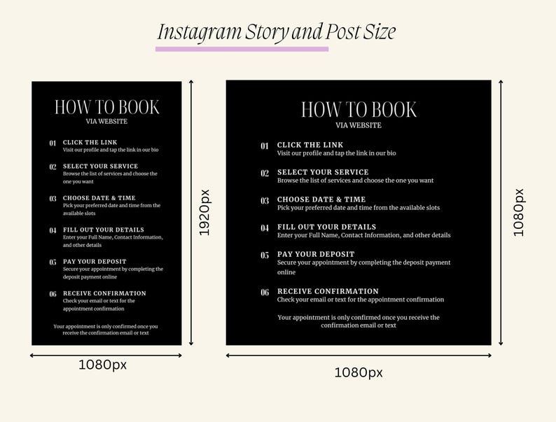 K&ouml;nnte beinhalten: Schwarzwei&szlig;es Grafik mit dem Text "How to Book via Website" und einer nummerierten Liste von Schritten zur Buchung eines Termins. Die Grafik ist 1080 Pixel breit und 1920 Pixel hoch.