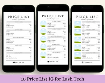 Lash Price List Minimalist Template for Lash Technician to Post on Social Media IG Instagram Story and Post Flyer List of Services Pricelist