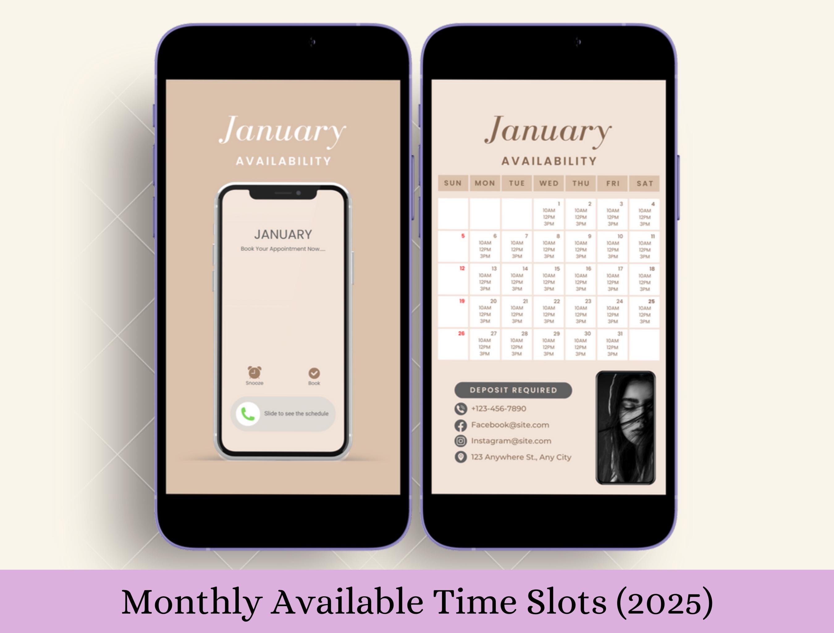 2025 Monthly Available Time Slot Flyer templates for Lash Nail Hair Social Media Instagram Business Story Customer Time Schedule Update