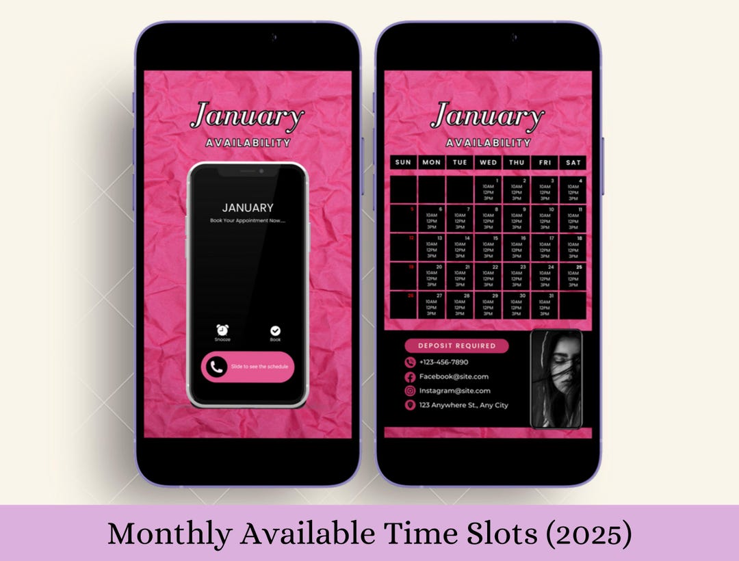2025 Monthly Availability Time Slot Pink Template Canva | Lash Nail ...