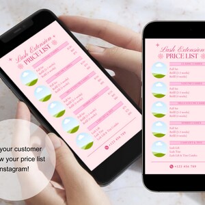 May include: A pink and white mobile phone screen displaying a price list for lash extensions. The list includes prices for full sets, fills, and other lash services. The phone number 123 456 789 is listed at the bottom of the screen.