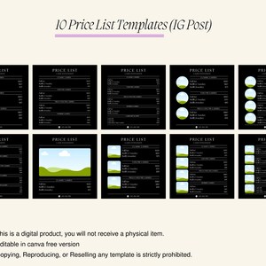 Puede incluir: Diez plantillas de publicaci&oacute;n de Instagram en blanco y negro para una lista de precios. Cada plantilla presenta un elemento de dise&ntilde;o diferente, como c&iacute;rculos, un paisaje o una nube. El texto "PRICE LIST" est&aacute; en la parte superior de cada plantilla.
