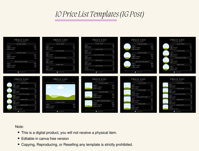 Puede incluir: Diez plantillas de publicaci&oacute;n de Instagram en blanco y negro para una lista de precios. Cada plantilla presenta un elemento de dise&ntilde;o diferente, como c&iacute;rculos, un paisaje o una nube. El texto "PRICE LIST" est&aacute; en la parte superior de cada plantilla.