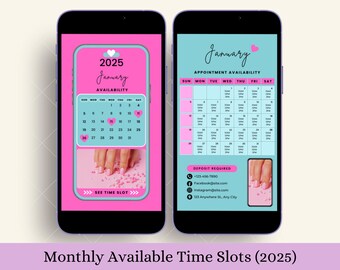 2025 Pink Monthly Time Slot Templates | Availability Calendar Canva | Editable Salon Booking Schedule IG Story & Post for Lash Nail Business