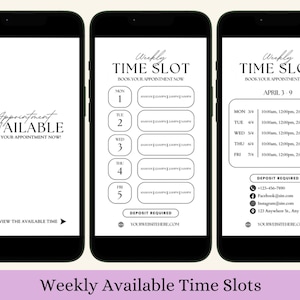 May include: A black and white mobile phone screen displaying a weekly time slot booking calendar for April 3-9. The calendar shows available time slots for each day of the week, with times listed as 10:00am, 12:00pm, 2:00pm, 3:00pm, 5:00pm. The screen also includes a deposit required section with contact information.