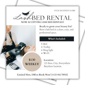 Könnte beinhalten: Werbebild für Wimpernbett-Vermietung. Der Text lautet "Lash Bed Rental" und "Now Accepting Lash Bed Rentals!" mit einem Wochenpreis von 130 $. Das Bild enthält eine Liste der enthaltenen Artikel: Bett, Trolley, Ringlicht und Wi-Fi.