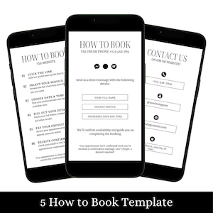 May include: Black and white graphic design template for booking appointments. The template includes instructions for booking, contact information, and a section for customers to fill out their details. The text includes the words "How to Book" and "Contact Us".