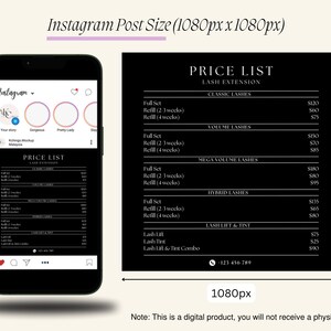 Puede incluir: Una lista de precios en blanco y negro para extensiones de pesta&ntilde;as. La lista incluye precios para juegos completos, rellenos y servicios de lifting y tinte de pesta&ntilde;as. El texto "PRICE LIST" est&aacute; en la parte superior de la lista, con "LASH EXTENSION" debajo. El n&uacute;mero de tel&eacute;fono 123-456-789 est&aacute; en la parte inferior de la lista.